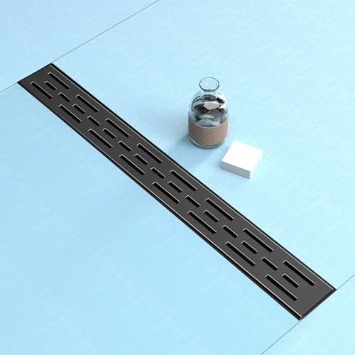 24 Inch Black Linear Shower Drain, Rectangular Shower Floor Drains with Brickwork Cover, 304 Stainless Steel Linear Drain with Leveling Feet, Hair Strainer (Matte Black)
