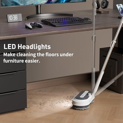 Cordless Electric Spin Mop with Spray and LED Headlight | Self-propelled dual-spin cleaning, 30-50 min runtime, 290 ml spray tank and 6 washable pads for sealed hard floors