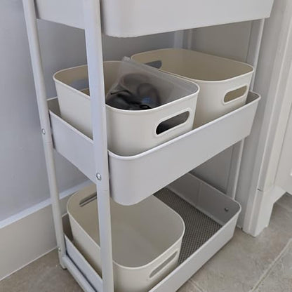 JOIKIT 4 Pack White Storage Bins with Handles, White Bathroom Kitchen Organizer Bin, White Plastic Vanity Storage Bins for Hand Soap, Body Washes, Towels, Shampoos, Lotions, Bath Balls, 10x7x6.3 Inch - size: 4PCS with Handles