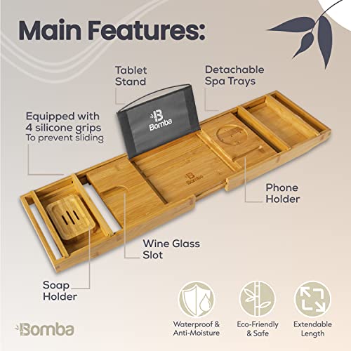 Bathtub Caddy – Natural Bamboo Bathtub Tray with Soap Holder – Durable Anti-Slip Bathtub Caddy Organizer – Extendable Bathroom Tray – Eco-Friendly and Safe Bamboo Organizer Tray