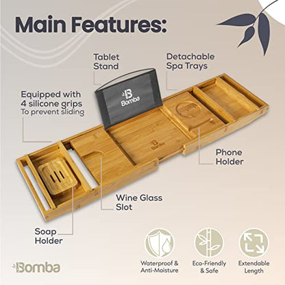 Bathtub Caddy – Natural Bamboo Bathtub Tray with Soap Holder – Durable Anti-Slip Bathtub Caddy Organizer – Extendable Bathroom Tray – Eco-Friendly and Safe Bamboo Organizer Tray