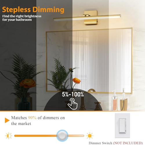 LED Bathroom Vanity Light, Modern Bathroom Light Fixture Over Mirror (3000K/4000K/6000K, Dimmable), Vanity Light Bar with Angle Adjustable, 24 Inch, Brass - color: Brass, size: 24 inch