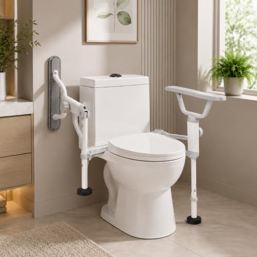 Folding Toilet Safety Rails - Adjustable Bathroom Support Frame | with Foldable Arms for Elderly, Seniors, Post-Surgery Recovery, and Pregnant Women - Tool-Free Installation, Sturdy Grab Bar