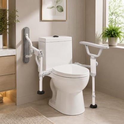 Folding Toilet Safety Rails - Adjustable Bathroom Support Frame | with Foldable Arms for Elderly, Seniors, Post-Surgery Recovery, and Pregnant Women - Tool-Free Installation, Sturdy Grab Bar