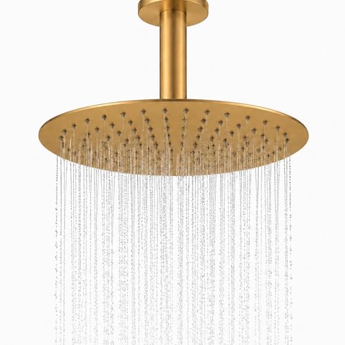 Rainfall Shower head, 12 Inch Round Shower Head, Wall or Ceiling Mounted Ultra Thin Stainless Steel High Pressure Shower Head with Touch-Clean Nozzles, Brushed Brass Gold - color: Brushed Brass Gold, size: 12-Inches, style: Round