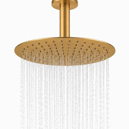 Rainfall Shower head, 12 Inch Round Shower Head, Wall or Ceiling Mounted Ultra Thin Stainless Steel High Pressure Shower Head with Touch-Clean Nozzles, Brushed Brass Gold - color: Brushed Brass Gold, size: 12-Inches, style: Round