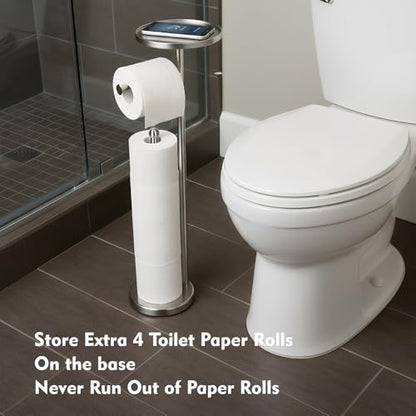 Toilet Paper Holder with Shelf, Tissue Roll Holder Stand with Storage Space for Holding Extra 4 Toilet Paper Rolls, Stainless Steel Rustproof Freestanding (Brushed Nickel) - color: Brushed Nickel
