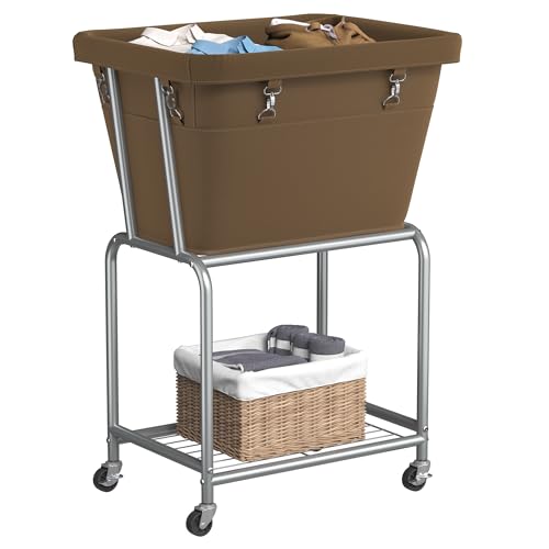 ELYKEN Rolling Laundry Hamper with Wheels, Removable Bag, Laundry Cart | Heavy Duty Metal Frame, 2-Tier Clothes Basket with Shelf, Ideal for Closet, Bedroom, Bathroom & Laundry Room - color: Camel Brown, size: 20.3"L x 15.9"W x 30.9"H