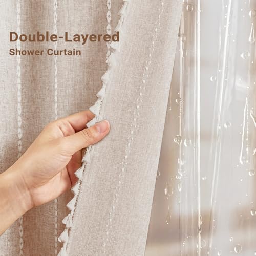 BTTN 3 in 1 Shower Curtain with Liner, 90 Inch Extra Long Boho Linen Striped Cloth Shower Curtain Set with Hook, Tall Rustic Hotel Luxury Waterproof Fabric Shower Curtain for Bathroom, Taupe, 72x90 - color: Taupe With Liner, size: 72"W x 90"L (Pack of 1)