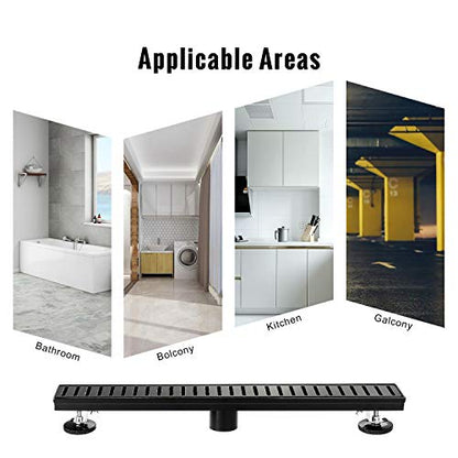 SaniteModar Linear Shower Drain 48 inch Matte Black - Capsule Pattern Grate | AISI 304 Stainless Steel Matte Black Linear Dain Rectangle Shower Floor Drain with Hair Strainer and Leveling Feet - size: 48 inch