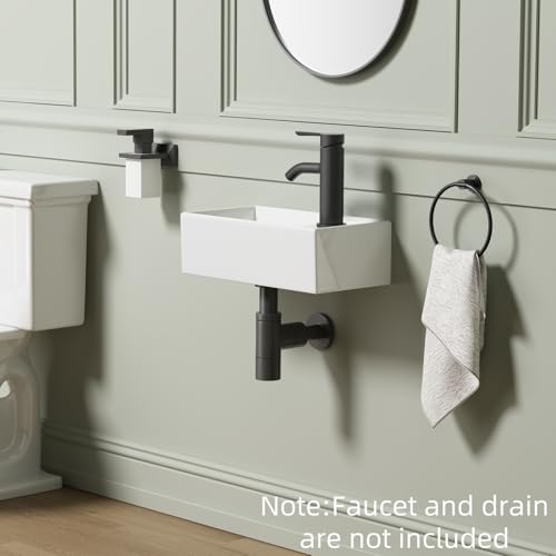 Small Wall Mount Bathroom Vessel Sink, 15.6" X 8.6" Rectangular Floating Ceramic Wash Hand Basin - White Wall Hung Vanity Sink with Overflow for Small Bathroom (Right Hand) - size: 15.6" x 8.6" x 5.1"