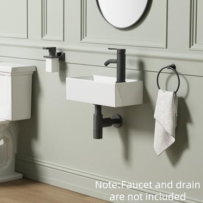 Small Wall Mount Bathroom Vessel Sink, 15.6" X 8.6" Rectangular Floating Ceramic Wash Hand Basin - White Wall Hung Vanity Sink with Overflow for Small Bathroom (Right Hand) - size: 15.6" x 8.6" x 5.1"
