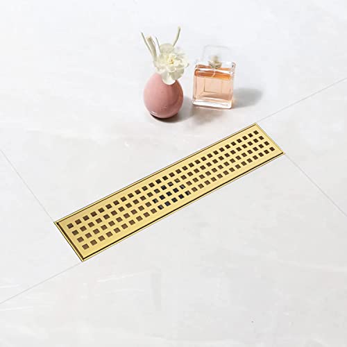 12 inch Linear Shower Drain Brushed Gold with Grate Removable | Square Hole Panel,AISI 304 Stainless Steel Fast Drainage Rectangle Hidden Shower Trench,Detachable Hair Catcher,Leveling Feet - color: Gold, size: 12 inch+No Base