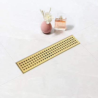 12 inch Linear Shower Drain Brushed Gold with Grate Removable | Square Hole Panel,AISI 304 Stainless Steel Fast Drainage Rectangle Hidden Shower Trench,Detachable Hair Catcher,Leveling Feet - color: Gold, size: 12 inch+No Base