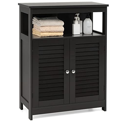 Tangkula Bathroom Floor Cabinet, Wooden Freestanding Storage Cabinet with Double Shutter Door & Adjustable Shelf, Storage Cabinet for Bathroom Living Room (Black) - color: Black