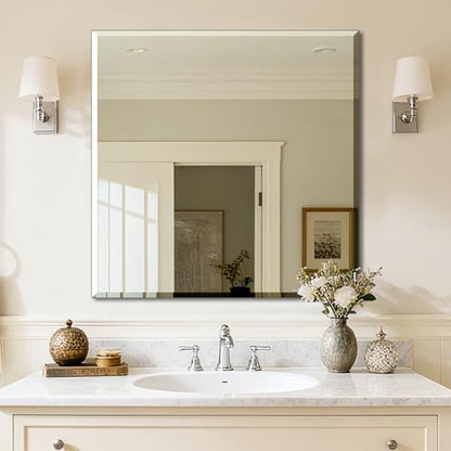 Ruomeng Frameless Mirror for Wall, 30x30 Inch Bathroom Vanity Mirror Farmhouse, Rectangle Mirror with Beveled Edge, Tempered Glass, Hangs Horizontally or Vertically - size: 30"L x 30"W