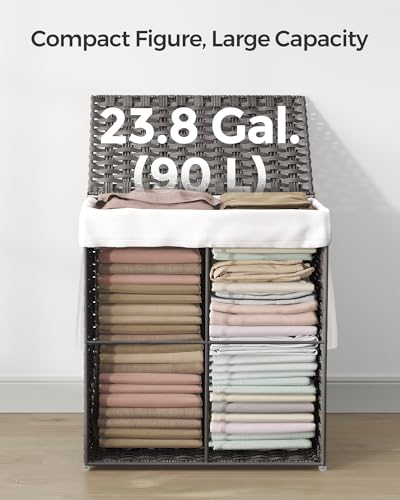 SONGMICS Laundry Hamper with Lid, 23.8 Gallon (90 L) Synthetic Rattan Clothes Laundry Basket with Lid and Handles, Foldable, Removable Liner, Dove Gray ULCB51WG - color: Dove Gray, size: 90 L