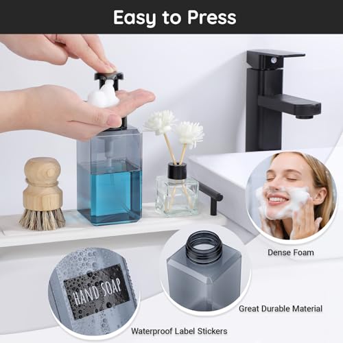 Segbeauty Empty Foam Soap Dispenser Pump Bottles 15.2oz 2pcs, Refillable Foaming Hand Soap Dispenser, 450ml Gray Foam Bottle with Waterproof Stickers, Plastic Square Liquid Foaming Container BPA Free - color: Gray, style: 2pcs 15.2oz