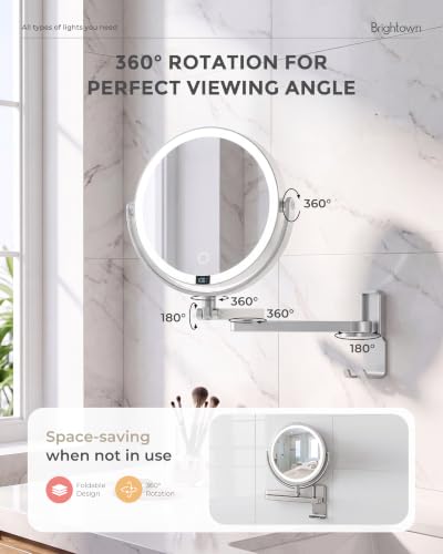 Brightown 8" Wall Mounted Lighted Makeup Mirror with LED Magnifying 1X/10X | 4000mAh Rechargeable Double Sided Dimmable Vanity Mirror, Extended Arm 360 Rotation, 3 Color Lights & Digital Display, Silver - color: Sliver