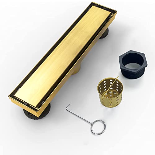 12" Linear Shower Drain Brushed Gold Drain with Tile Insert Grate | AISI 304 Stainless Steel Fast Drainage Rectangle Hidden Shower Trench,Detachable Hair Catcher Easy to install,Leveling Feet - color: Gold, size: 12 Inch (No Base)