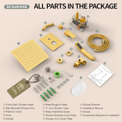 SR SUN RISE Shower System - Shower Faucet Set with 8 Inch Rain Shower Head and Handheld Shower - High Pressure Rain Shower System - All Metal Shower Faucet Trim Repair Kits - Brushed Gold - color: Brushed Gold, size: 8 Inch