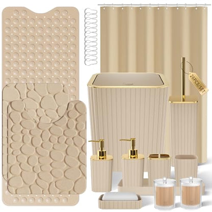 XLHOMO 26PC Bathroom Accessories Set - Gorgeous Beige Bathroom Set, Bathroom Accessory Set, Shower Curtain Set with Bathtub Mats for Shower Tub, Trash Can & Soap Dispenser - size: Bath Set+Bathtub Mat+Shower Curtain&Rugs, style: Beige&Gold