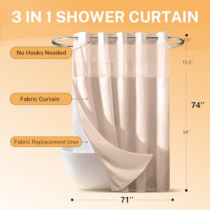 River Dream No Hooks Shower Curtain with 2 Snap in Liner, Pink, 71Wx74H | Waffle Weave, 1 Attached Snap in Liner and 1 Extra Replacement Liner, Bathroom Curtains Shower Set, Hotel Grade, Spa Like - color: Pink