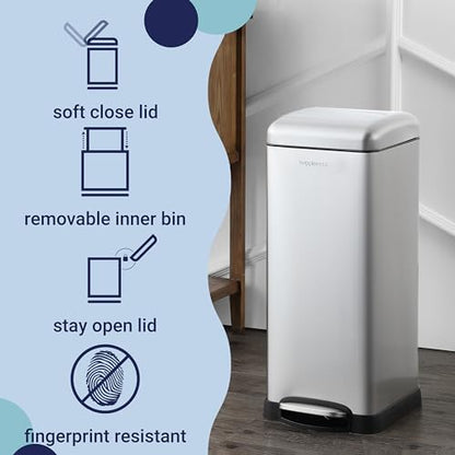 happimess Betty 8 Gal Step Trash Can Soft-Close Lid, Platinum Silver | Fingerprint Resistant, Removable Liner, Semi-Rectangular, Steel Pedal, Iron Powder Coated, 27" Height, Non-Skid Base - color: Chrome