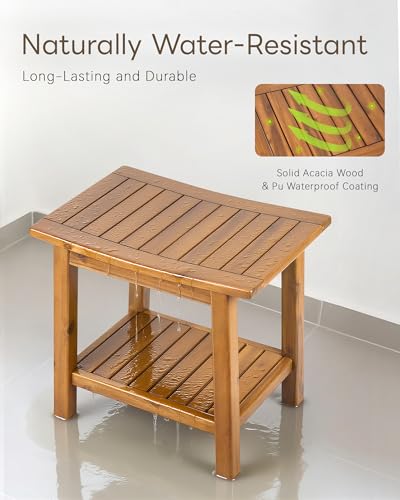 Upolana Outdoor Shower Bench, 20" Solid Acacia Wood Shower Stool Waterproof Shower Seat with Storage Shelf for Bathroom - SB001V