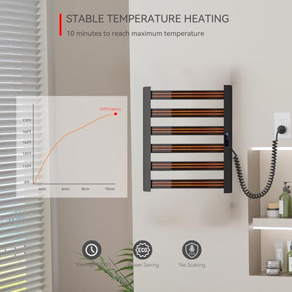 6-Bar Wall Mounted Towel Warmer Rack, Electric Heated Towel Rack for Bathroom, Fast Heating & Constant Temperature, Built-in Timer & Adjustable Temp, Plug-in, Matte Black - color: Black, size: 6-Bars