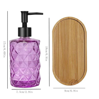 12oz Purple Glass Hand and Dish Soap Dispenser Set, Diamond Design, 2 Set | Bathroom Soap Dispenser with Plastic Pumps, Bamboo Tray for Hand Wash & Dish Wash, for Bathroom Kitchen Countertop - color: Purple