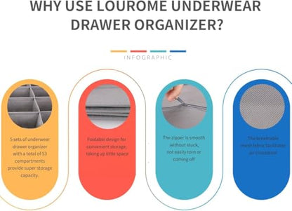 SUREMAX 5-Pack Underwear Drawer Organizer for Socks, Bras, Ties, Grey | Foldable, Fabric Drawer Dividers, Fits Standard 13"+ Dressers, 55 Compartments, for Bedroom, Closet, Bathroom