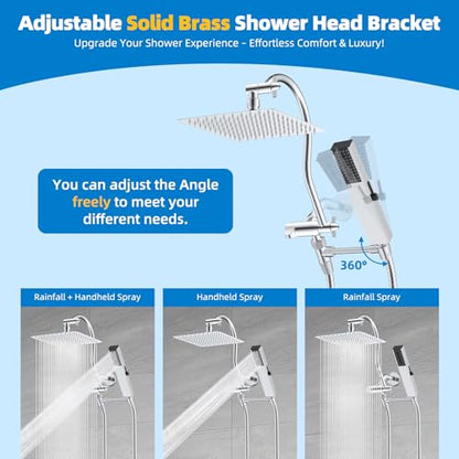 Hibbent All Metal cUPC Certified Shower Head, 10'' High Pressure Rainfall Shower Head, Showerhead Combo, Handheld Shower Wand, 12'' Adjustable Extension Arm, 4-Spray, 71'' Hose, Shower Holder, Chrome - color: Chrome, style: Square 10''