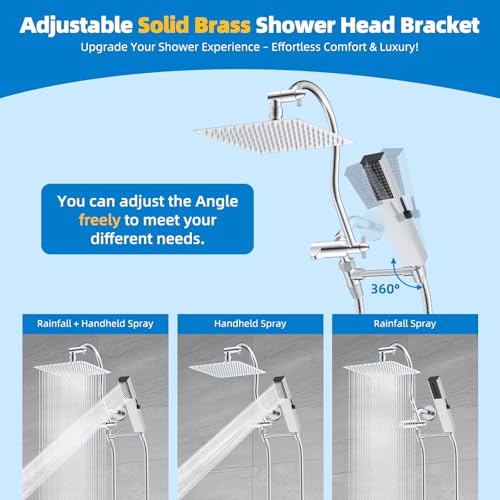 Hibbent All Metal cUPC Certified Shower Head, 8'' High Pressure Rainfall Shower Head, Showerhead Combo, Handheld Shower Wand, 12'' Adjustable Extension Arm, 4-Spray, 71'' Hose, Shower Holder, Chrome - color: Chrome, style: Square 8''