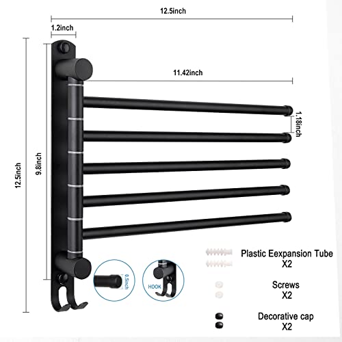 5-Arm Swivel Towel Rack - 180° Rotating Wall Mounted - 304 Stainless Steel Rustproof - Heavy Duty Space Saving for Bathroom Kitchen Laundry Room (Matte Black) - color: Black, size: 5 Arms