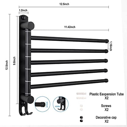 5-Arm Swivel Towel Rack - 180° Rotating Wall Mounted - 304 Stainless Steel Rustproof - Heavy Duty Space Saving for Bathroom Kitchen Laundry Room (Matte Black) - color: Black, size: 5 Arms