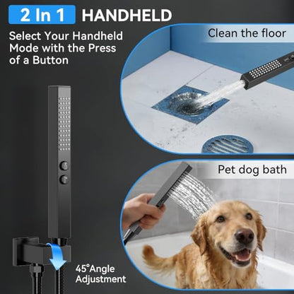 Thermostatic Shower System with Body Jets, STARBATH 12" Rain Shower with 2 in 1 Handheld, Can Use All at Once, Push Button Thermostatic Valve and Trim Kit Complete Shower Faucets Sets, Matte Black - color: Matte Black, size: 12"-05