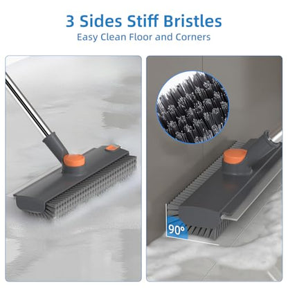 Floor Scrub Brush with Long Handle, 3 in 1 Scrape and Heavy-Duty Stiff Bristle Floor Scrubber Brush Broom with Squeegee and Tweezer for Cleaning Grey - color: Gray