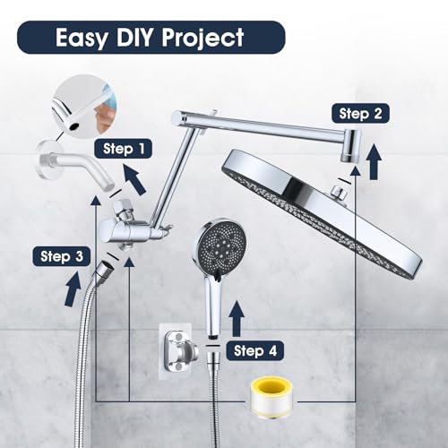 PDPBath 14 Inch Rain Shower Head with 5+1 Settings Handheld Spray Combo, High Pressure Rainfall Shower Head with 16'' Upgrade Adjustable Extension Arm, 79" Extra Long Hose, 3-Way Diverter, Chrome - color: Chrome