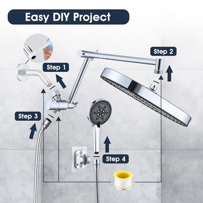 PDPBath 14 Inch Rain Shower Head with 5+1 Settings Handheld Spray Combo, High Pressure Rainfall Shower Head with 16'' Upgrade Adjustable Extension Arm, 79" Extra Long Hose, 3-Way Diverter, Chrome - color: Chrome