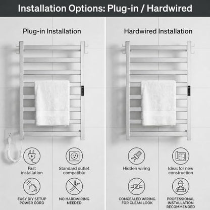 EA15 Series Heated Towel Rack, 8 Bar, Silver | Dual Hooks, Built-in Thermo Control and Timer, Memory Function, Smart Plug Compatible - color: Silver, size: 8 Bar