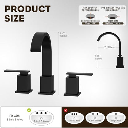 8 Inch Widespread Waterfall Matte Black Bathroom Faucet,3 Hole Vanity Faucet with Pop Up Drain and Water Supply Line, WF011-MB - color: Matte Black-8 IN