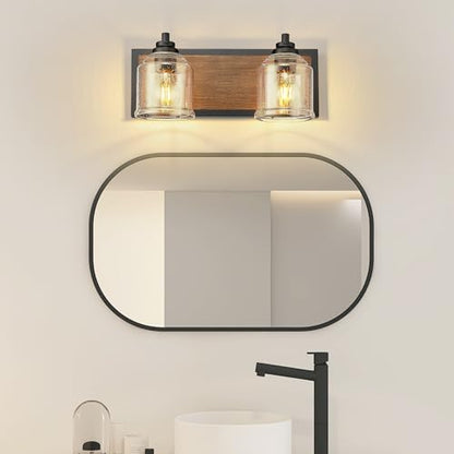 16" 2-Light Farmhouse Bathroom Vanity Light with Bubble Glass, Brown | Farmhouse Rustic style, Metal base with hand-painted wood grain, E26 Ceramic Base(no bulb), UL&ETL, mount up/down,over mirror - color: Brown, size: 2-Light
