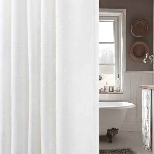 Linen Shower Curtain White Boho Farmhouse 48" W x 72" L | Linen Fabric, Boho Farmhouse, Woven Texture, Natural Cloth, Elegant Drape, Washable, Shower Curtain for Bathroom Bathtub - color: White, size: 48"W x 72"L