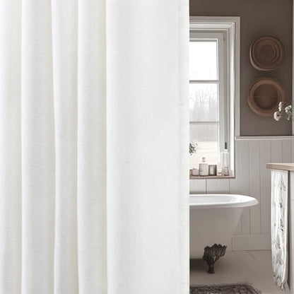 Linen Shower Curtain White Boho Farmhouse 48" W x 72" L | Linen Fabric, Boho Farmhouse, Woven Texture, Natural Cloth, Elegant Drape, Washable, Shower Curtain for Bathroom Bathtub - color: White, size: 48"W x 72"L