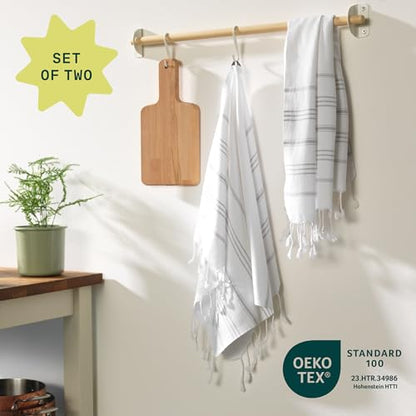 WETCAT Turkish Hand Towels with Hanging Loop, Set of 2 (20" x 30") 100% Turkish Cotton, Pre-Washed, Quick Drying, for Kitchen or Bathroom - Grey & White - color: Grey & White