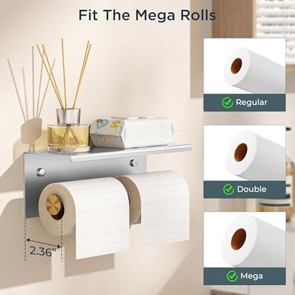 FORIOUS Toilet Paper Holder with Shelf, Commercial Toilet Paper Dispensers | Stainless Steel & Gold | Wall Mount Bathroom Tissue Holder | SUS304 Stainless Steel Rustproof | Double Tissue Roll Holder - color: Stainless Steel & Brushed Gold