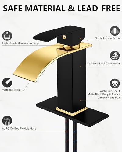 Midanya Waterfall Bathroom Faucet 1 Hole,Polish Gold Spout/Matte Black | with 24” Hoses,Pop Up Drain,6” Deck Plate,for 1 or 3 Hole Vanity,Lavatory,RV,Single Handle Bathroom Sink Faucet,NSF Certified - color: Bright Gold Spout/Black