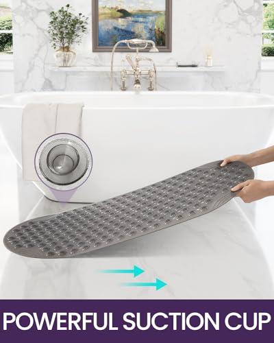 DEXI Bathtub Mat Non Slip 16x35, Shower Floor Mats for Bathroom Bath Tub | Clear Grey, Washable Oval Bathmat, Suction Cups and Drain Holes to Keep Tubs Clean - color: Clear Gray