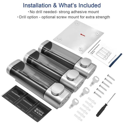 3-Chamber Wall Mount Shower Dispenser - No-Drill Adhesive or Drill Mount - Refillable Shampoo, Conditioner & Body Wash Dispenser for Home, RV & Hotel - Eco-Friendly & Compact (Silver) - color: Silver